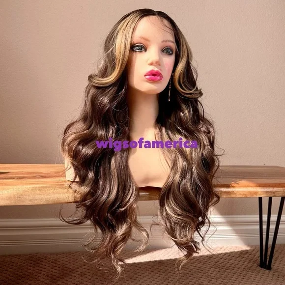 Golden blonde brown wig lace from middle part 26 inch long wavy layered heat ok Amazon.com : AISI HAIR Long Wavy Brown with Blonde Highlight  main image 4